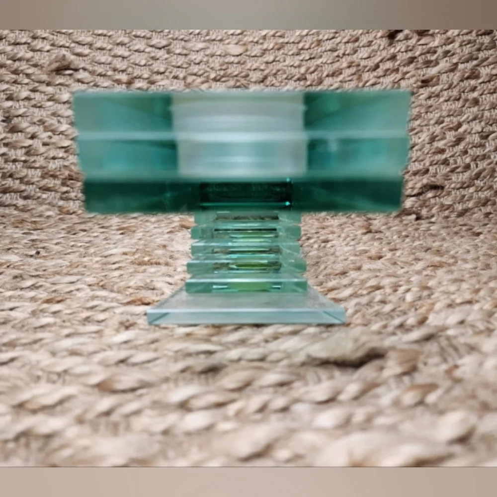 PartyLite Tea Light Candle Holder.Thick Green Glass Stacked Pedestal.Modern.Gift